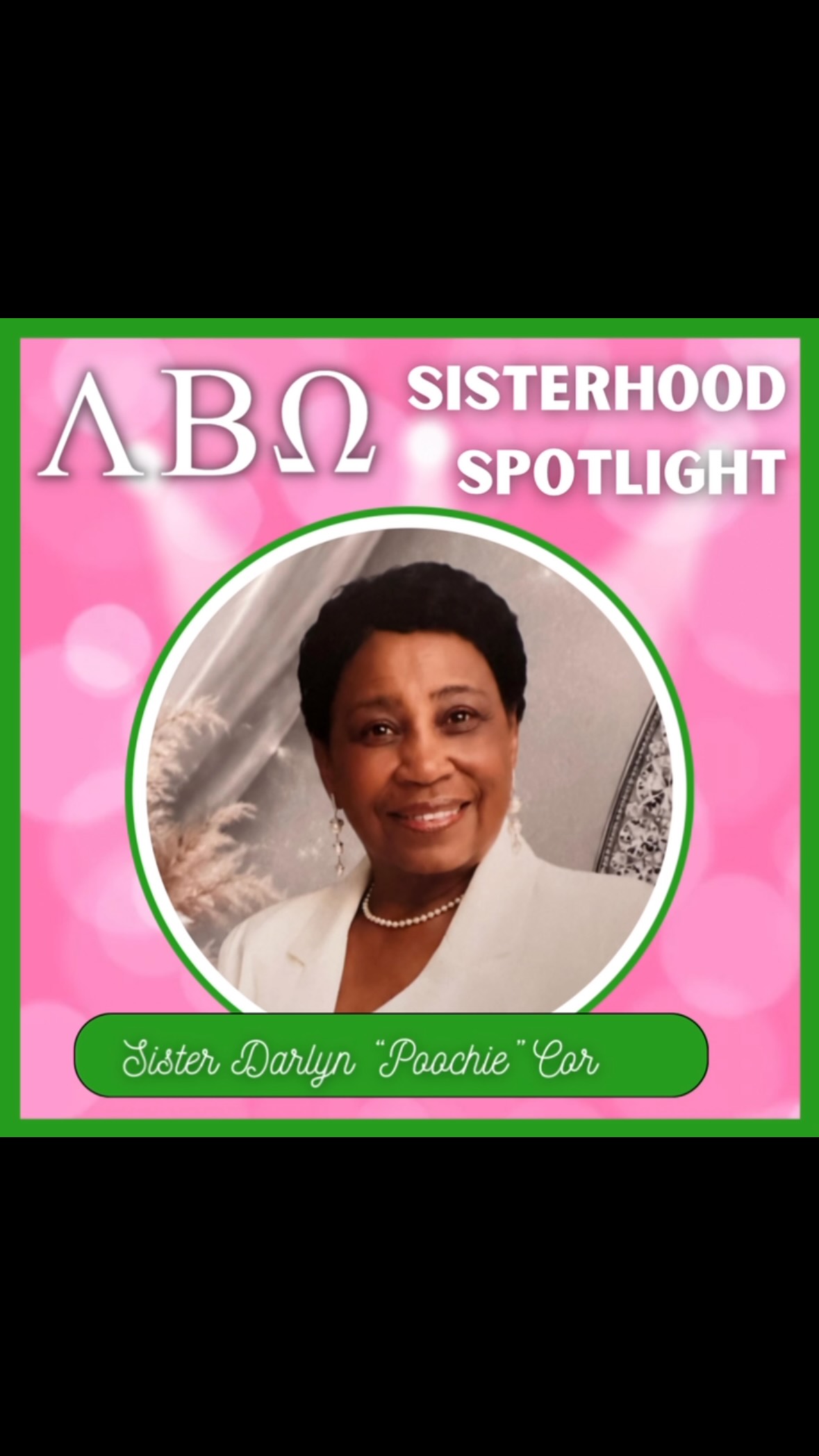 ✨ GEN NEXT SISTERHOOD SPOTLIGHT ✨ 

Darlyn “Poochie” Cormier worked in St. Landry Parish Schools as a Speech Pathologist and Behavior Counselor through the Pupil Appraisal Center. She retired in 2012 and immediately began working with J. S. Clark Leadership Academy.

Poochie, as we fondly call her, is actively involved in her church, St. Paul Missionary Baptist Church, as well as various organizations. She was educated in the public schools of St. Landry Parish, graduating from the former J. S. Clark High School. She furthered her education by obtaining her B.S., Master’s Degree, and +30 from Southern University in Baton Rouge, Louisiana.

She was initiated into the Lambda Beta Omega Chapter of Alpha Kappa Alpha Sorority, Incorporated® in 2000. Presently, she is in her 26th year as a Silver Star and is a Life Member. She is dedicated to service and sisterhood and remains actively involved.

Sister Poochie is the devoted mother of one daughter, Keisha Thomas, who is also a member of AKA. She was married to the late Sonny Cormier and enjoys spending time with her grand Yorkie pup, Levi.

During her spare time, she enjoys shopping, dining out with friends, and traveling. Sister Poochie has a heart of gold and loves everyone she comes in contact with. There is never a dull moment with her, and no one is a stranger.

Sister Darlyn “Poochie” Cormier is committed to Alpha Kappa Alpha Sorority, Incorporated® and we appreciate having her as a member of LBO 💕💚